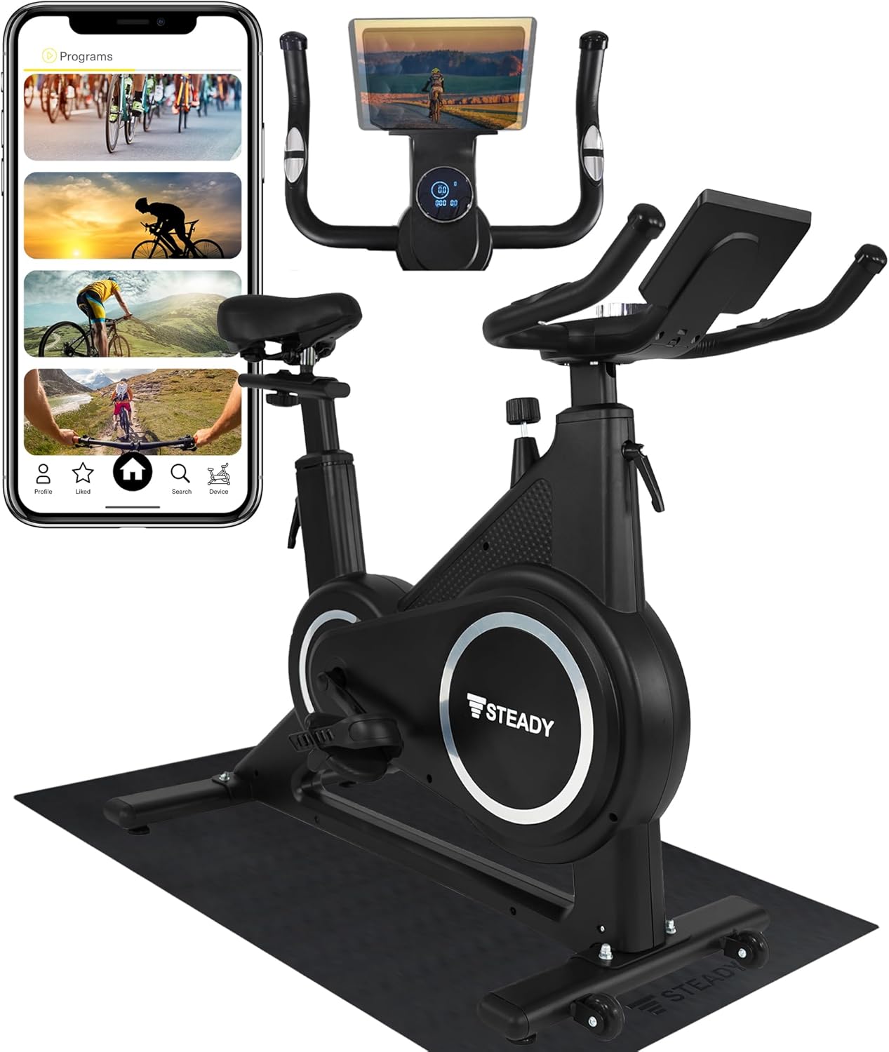 02.ブラック（マット付き） STEADY スピンバイク Plus 家庭用 静音 エアロバイク フィットネスバイク Zwift サイクリングマシン アプリ連動 組立簡単 ブラック ST145 02.ブ 28,189円