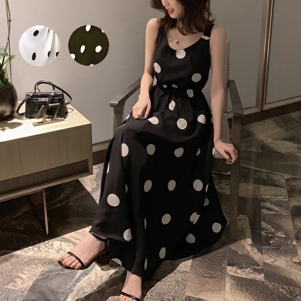 2カラー レディース ワンピース ドレス フレアスカート ロングスカート 膝下 ロング 袖なし ノースリーブ ラウンドネック フレア 細身 Aライン フェミニン タックプリーツ シフォン