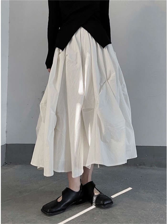 スカート レディース フレアスカート ボトムス ミディ丈 無地 ゆったり ボリューム Aライン 変形 ギャザー タック タックスカート ロングスカート シンプル モード 立体感 大きめ 大人可愛い ゆ