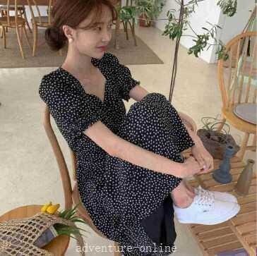 【2025新作入荷】ワンピース ミモレ ミモレ丈 ロング ロング丈 袖あり 5分袖 五分袖 個性的 ボリューム袖 スクエアネック かわいい 大人可愛い きれいめ