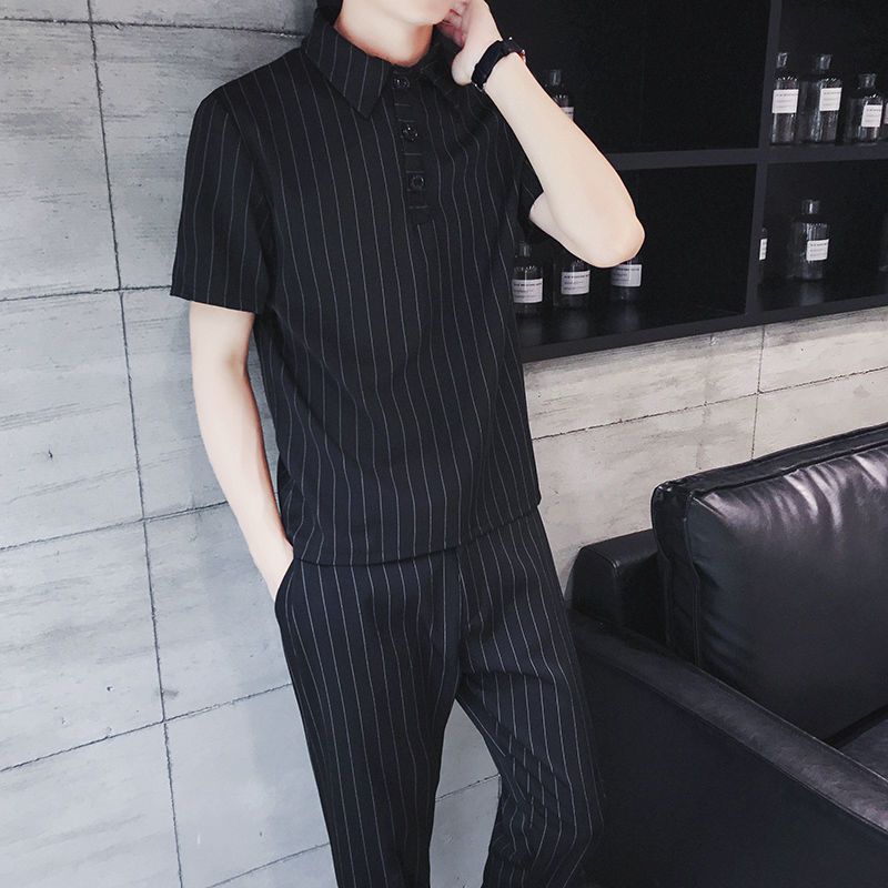 サマー 薄い ストライプ柄 半袖tシャツ ハーフパンツ/九分丈パンツ 2点セット ストレッチ スリミング メンズセットアップ