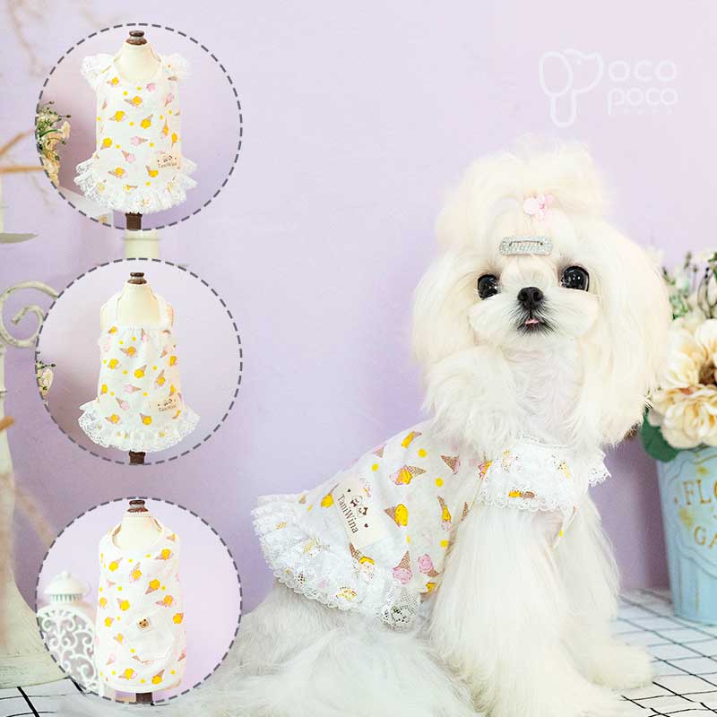 【238】即納あり 犬服冬服 ワンピース キャミソール タンクトップフリル袖 くま柄 アイスクリーム柄 薄手 涼しい おしゃれ おもしろ かわいい 可愛い 着せやすい ブランド 高級 女子 男子