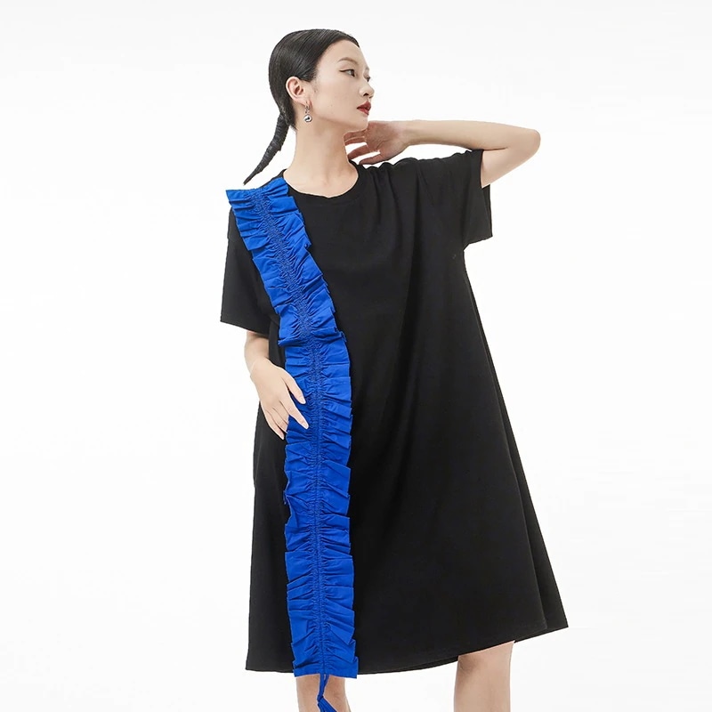 【送料無料】体型カバーチュニック欧米お洒落半袖ワンピース丸ネックTシャツワンピースセミロング丈ゆとり木耳縁着痩せ大きいサイズ オーバーサイズT