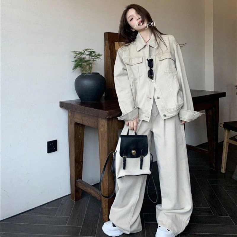 秋春の作カーディガンコートカジュアルワイドワイドパンツデニムセットアップけだるさ風2点セットレディースファッション