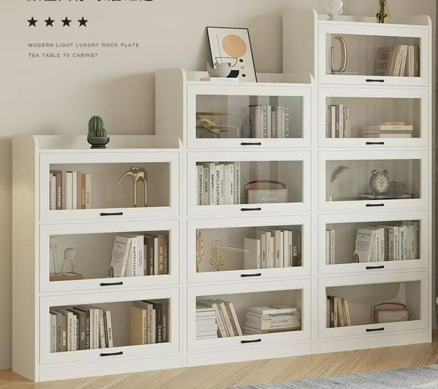 本棚　収納棚防塵棚ガラス扉家庭用リビング　クリーム風本棚実　木多層おもちゃ収納物透明落下扉付き展示ケース