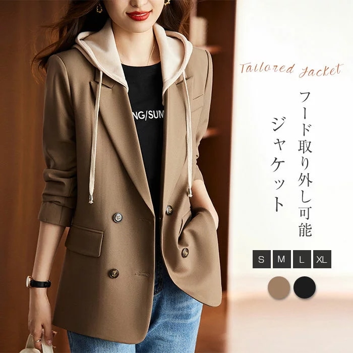 フード取り外し可能テーラードジャケットレディースブレザービジネスジャケットトップスアウターカジュアル重ね着風春アウター入園入学卒業式ゆる感長袖上着春服レイヤード春秋ジャケット出張通勤無地OLオフィス