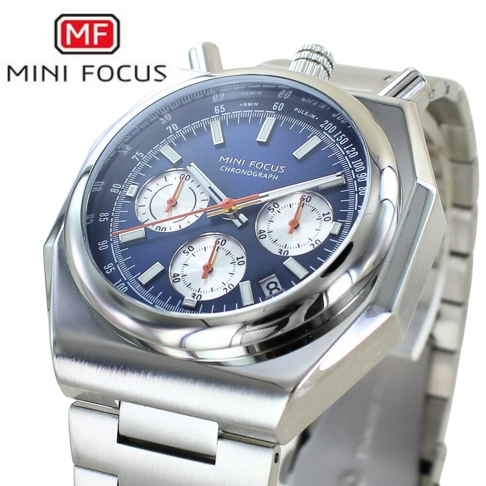 正規品 MINI FOCUS メンズ腕時計 ステンレスバンド かっこいい 腕時計 手表 メンズ 父の日 クロノグラフ クォーツ シルバー ネイビーブルー 高級感 大人 おしゃれ ビジネス カジュアル