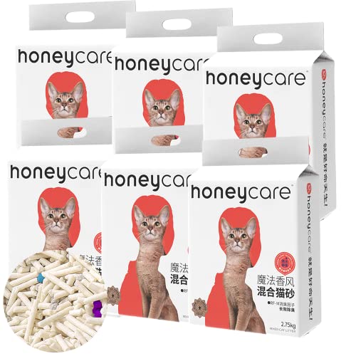 HONEYCARE ハニーケア ミックス猫砂 約5L/2.75KG＊６袋セット おからとベントナイト 猫砂 猫トイレ用品 ネコ砂 固まる 混ぜる 脱臭 抗菌 真空パック 飛び散らない 天然素材 臭みか