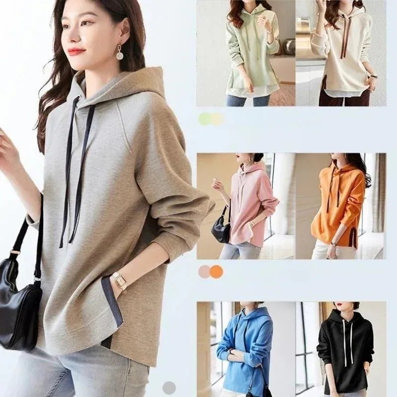 出荷が早い春 韓国ファッション スウエット パーカー フェイクレイヤード 切り替え ゆったり ランタン袖 着やせ 百掛け 流行り スリット 高級感　 綿