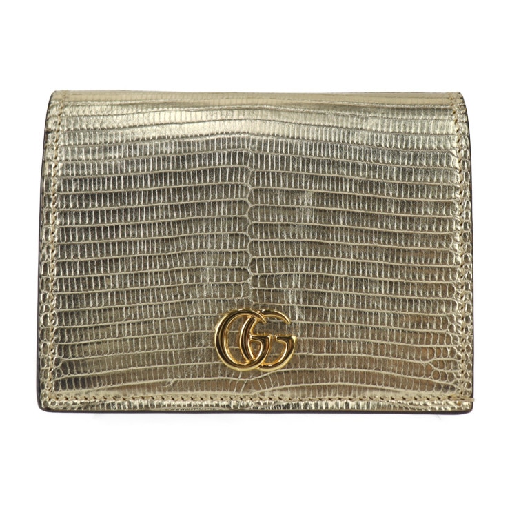 美品 GUCCI グッチ 二つ折り財布 456126 EYZAG コンパクトウォレット GGマーモント リザード レザー ゴールド 本物保証 中古
