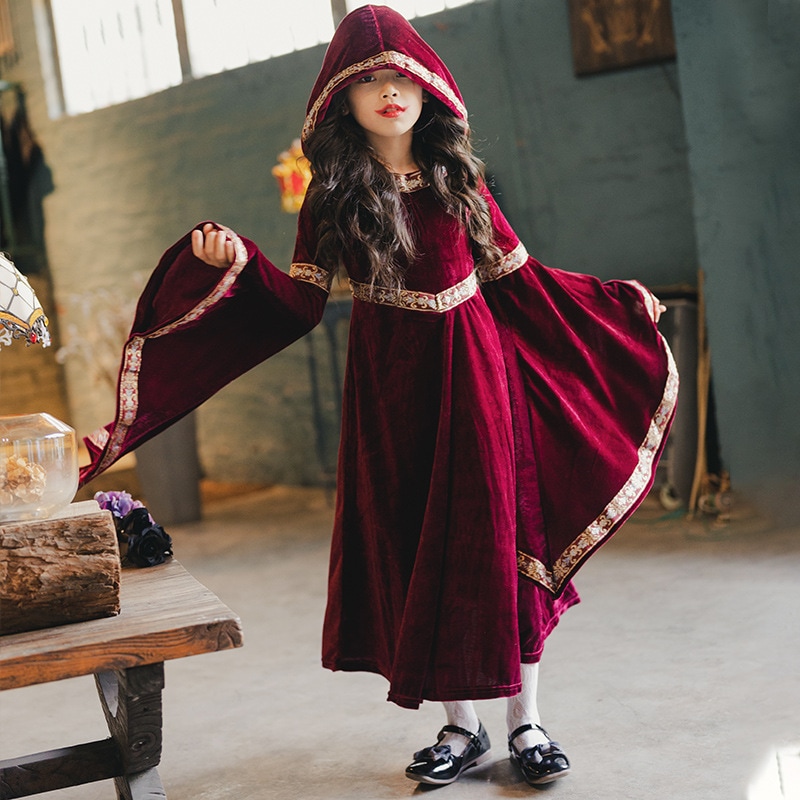 ハロウィンの子供用コスチュームレトロ宮殿の子供服魔女の赤ずきんちゃんの長袖中世ルネッサンスドレス