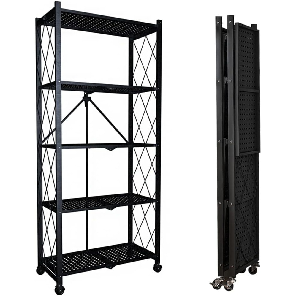 折り畳みラック 折り畳み棚 収納棚 防サビ加工 移動便利 ストッパー付きキャスター 組立簡単 レンジ台 (5段折りたたみラック) 9,249円