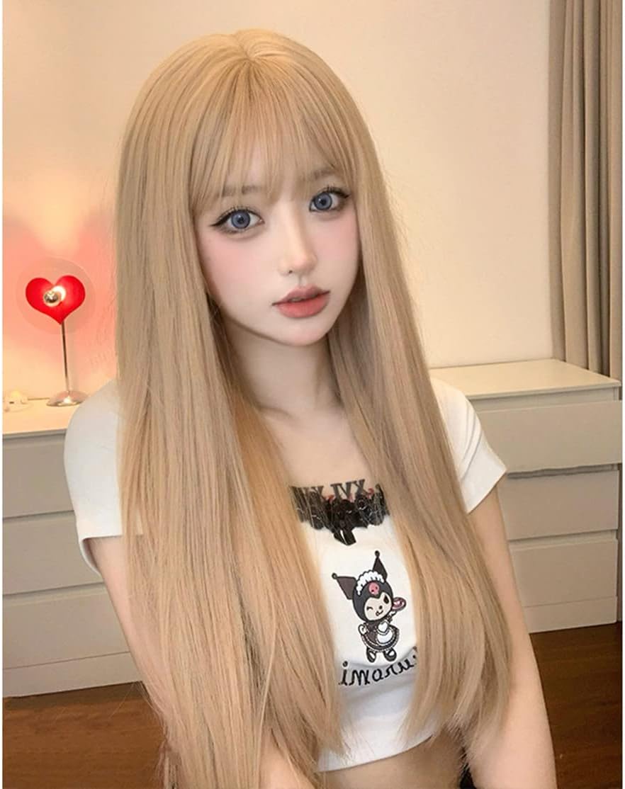 セミロング ベージュ ストレート ウィッグ レディース 小顔効果 ネット付き