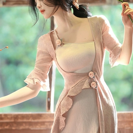 レディース ワンピース ロングワンピース タイトワンピース ロング丈 長袖 半袖 袖フリル 胸元 ウエストマーク タイト フリル アシンメトリー かわいい 大人可愛い きれいめ シンプル 上品