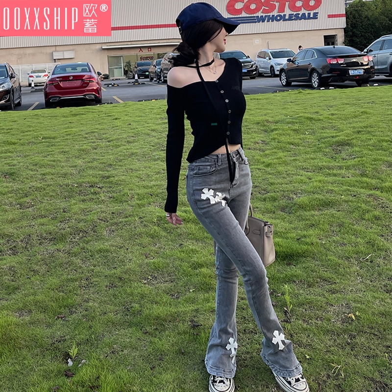 レディース パンツ ボトムス デニム ロングパンツ フルレングス セミフレア タイト スリム 細身 スマート 裾ワイド ポケット ハイウエスト 中厚手 カジュアル おしゃれ こなれ感 ラフ 個性的