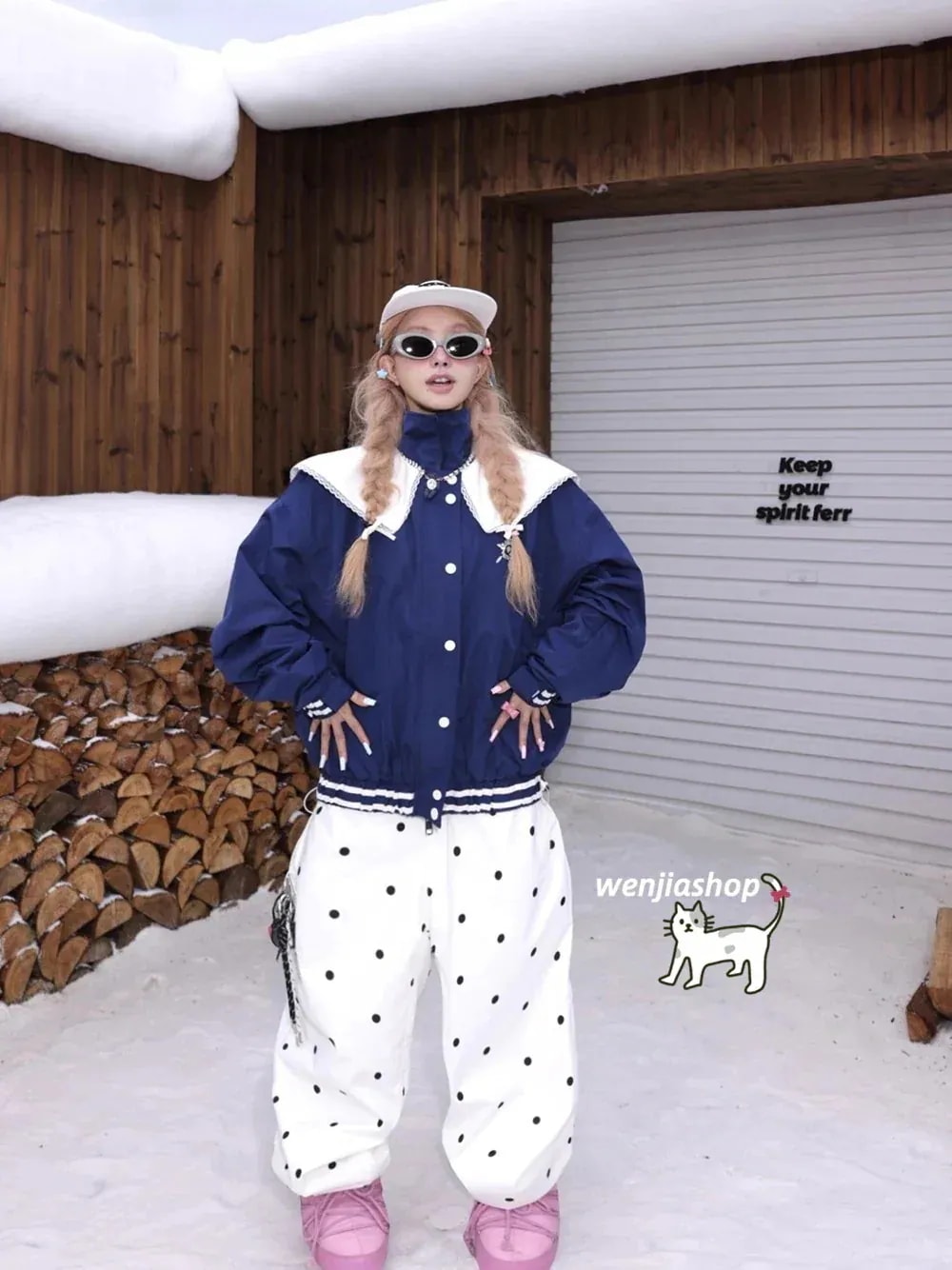【自社生産 】【1-3日出荷】スノーボードウェア20252026上下セットメンズレディース耐水圧20000mmジャケットパンツズボンネイビー白ドット柄3L韓国風スノボウェアスノーウェアスキーウェア
