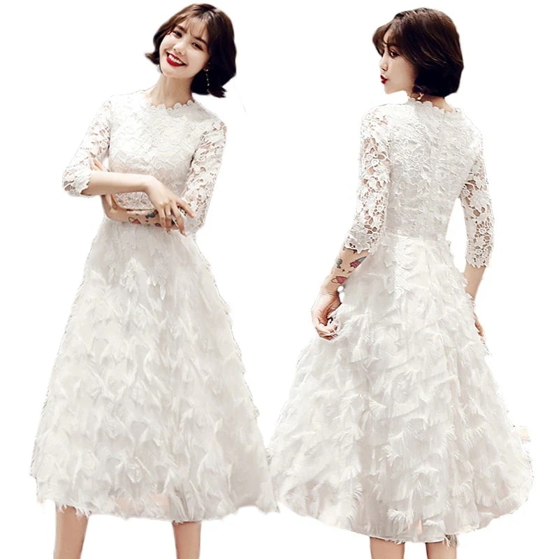 白ワンピース　綺麗なレースの7分袖ドレス　ミモレワンピース　パーティドレス ワンピース パーティードレス 結婚式 披露宴 謝恩会 発表会 演奏会 フォーマル 大きい 総レース　羽　夏ワンピ【短納期】