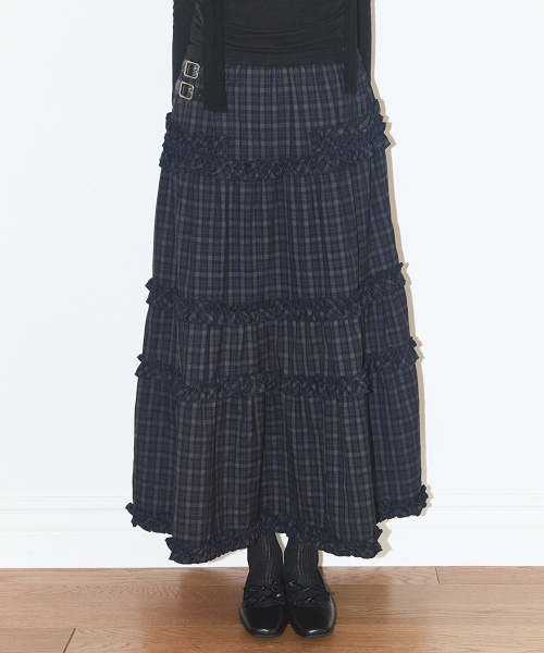 ILLIGO バックルフリルロングスカートチェックネイビー