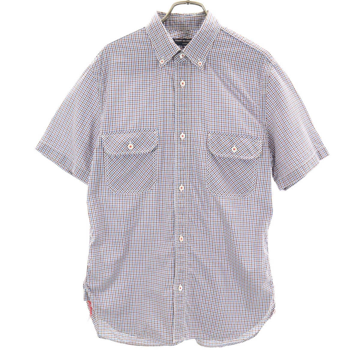 COMME des GARCONS HOMME コムデギャルソンオム 2014年 日本製 ギンガムチェック 半袖 ボタンダウンシャツ S ホワイト メンズ 古着