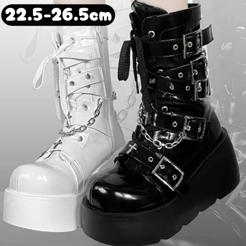 厚底 ウエッジソール ロング ブーツ ベルト 韓国 レディース ストリート系 グランジ サブカル 地雷 パンク モード系 原宿系厚底 ウェッジソール ロングブーツ 黒 ブラック 厚底ブーツ ヒール ハ 5,718円