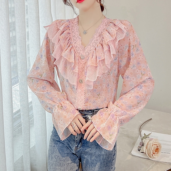 トップス シャツ ブラウス 袖あり 長袖 ボリューム袖 Vネック レース シフォン フリル