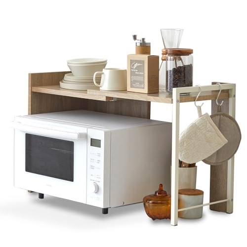 アイリスオーヤマ レンジラック レンジ台 キッチンラック 棚 キッチン収納 伸縮タイプ(幅約43cm~73.7cm) ホワイト×ナチュラル キッチンスペース有効活用 天板高さ3段階調節可能 ワイドにも
