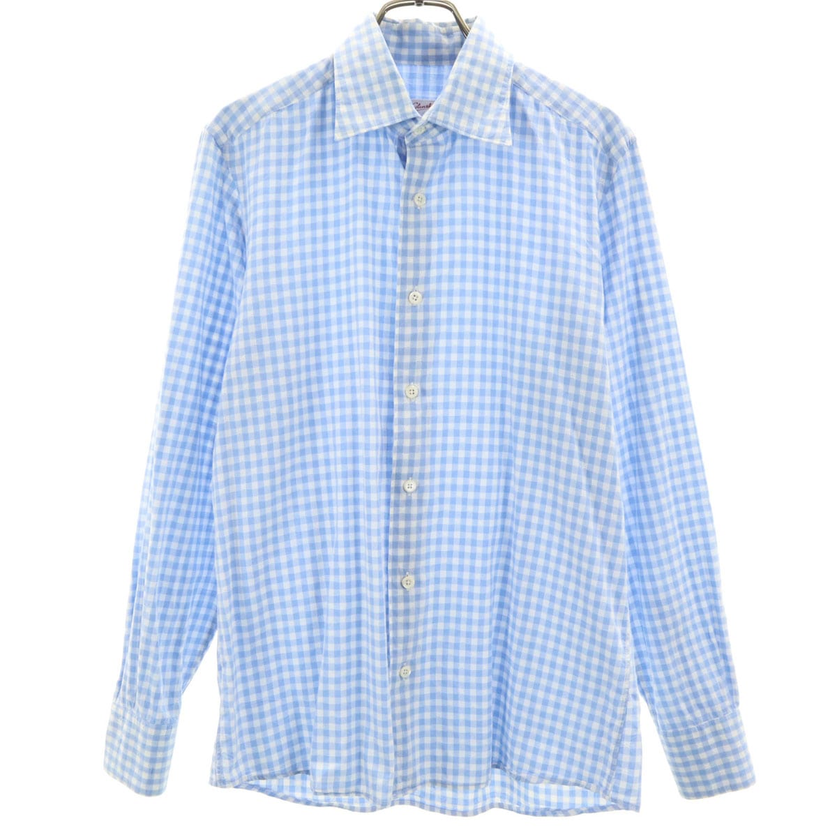 Glanshirt グランシャツ チェック柄 長袖 シワ加工 コットンシャツ 39 ブルー メンズ 古着