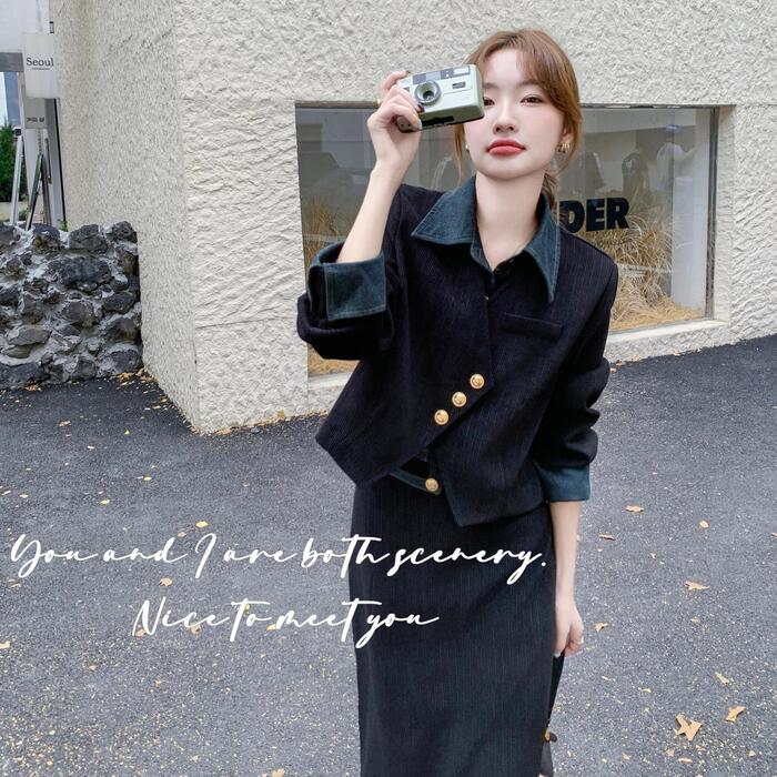 セットアップ レイヤード風 トップス スカート レディース ジャケット 長袖 2点セット コーデュロイ エレガント きれいめ カジュアル ロング丈 大人 可愛い フェミニン おしゃれ 体型カバー ブラ