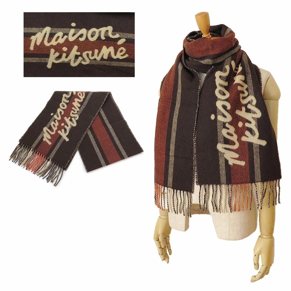 マフラー LM06203WA0019 S298 スカーフ ストール カレッジ ストライプス ウール ピーカンブラウン/チェリーフローラル