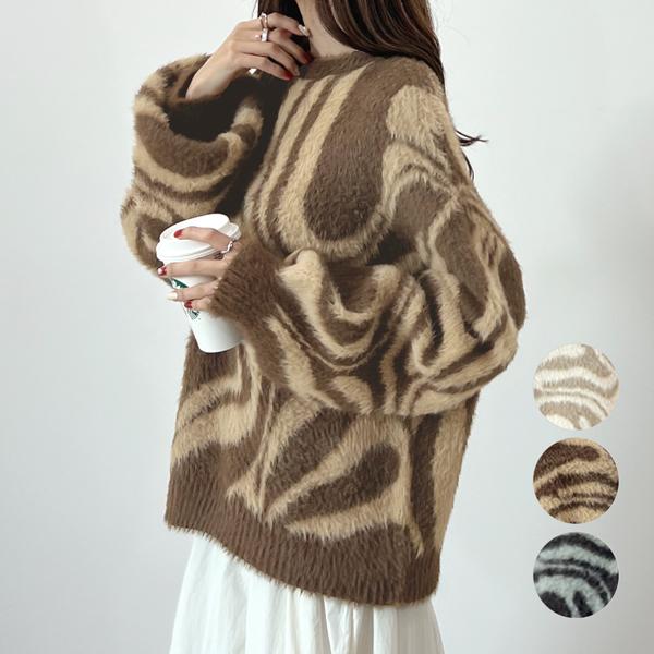 ニット フェザー マーブル柄 ニュアンス柄 ジャガード ショート丈 モヘア シャギー カジュアル / マーブル柄フェザーヤーンニットプルオーバー