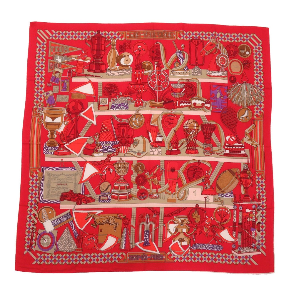 新品同様 カレジェアン カレ140 LES TROPHEES トロフィー スカーフ カシミヤ/シルク/カシミヤ レッド 0228【中古】 レディース