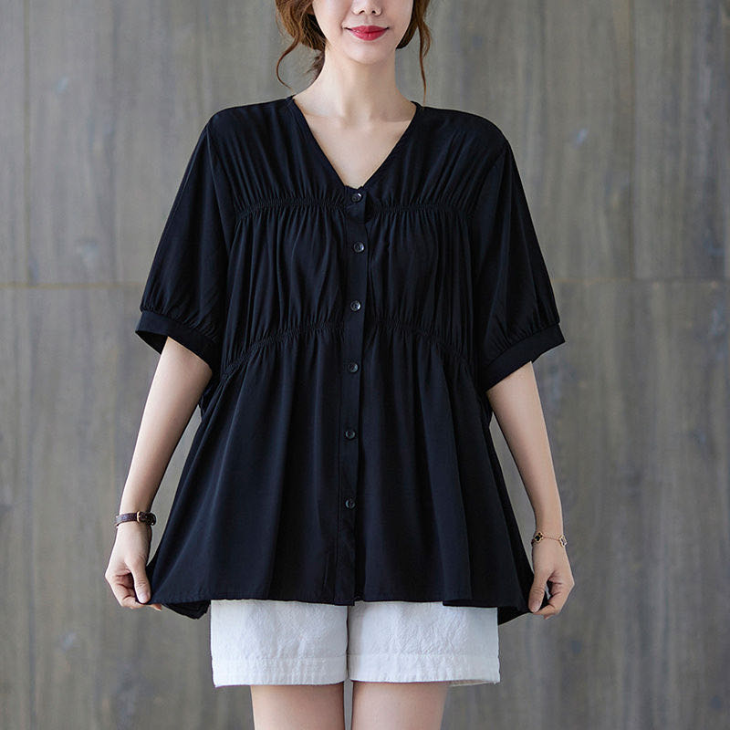 レディース トップス Tシャツ 夏 可愛い 無地 通勤 Vネック 半袖 大きいサイズ LUEA134(2色L-3XL)