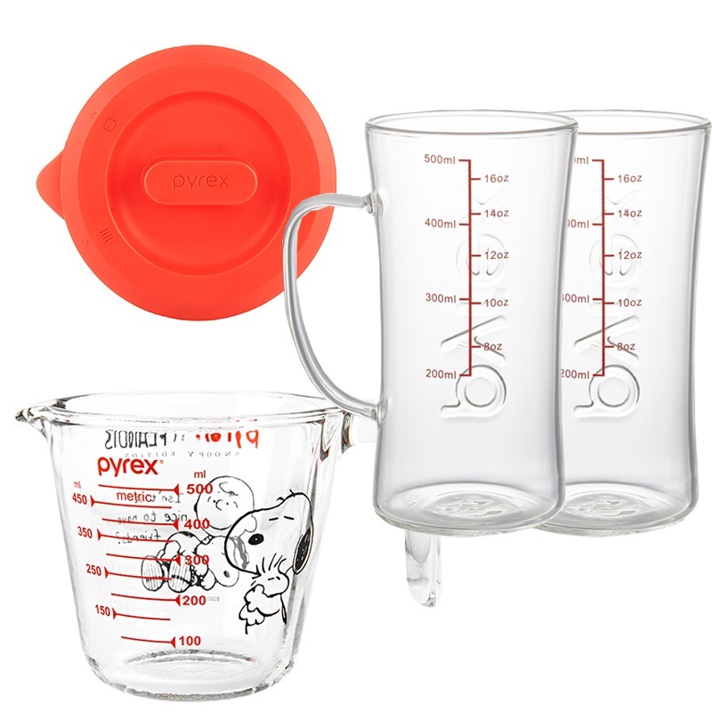 パイレックススヌーピー500ml 1個+蓋1個+ハンドルビールカップ500ml 2個