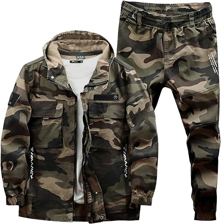 アスペルシオ カモフラージュ おしゃれ 迷彩 パーカー 上下セット 長パンツ セットアップ 作業服 メンズ フード付き アウトドア フルジップ サバゲー( アーミーグリーン, 2XL)
