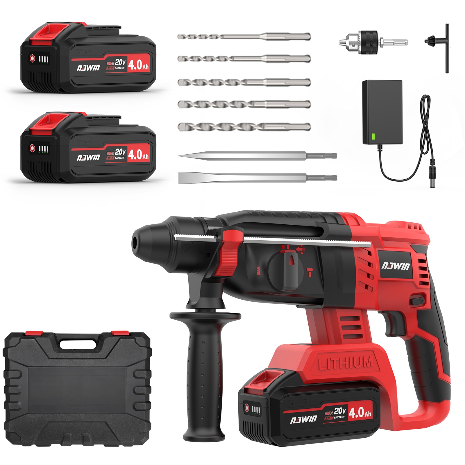 20V充電式ハンマドリル バッテリー2個付 コードレス ブラシレスモーター 無段変速 ３モード切替 石材壁金属木材の穴あけ ハツリ（斫り）工事 豊富な付属品 取扱説明書 収納ケース