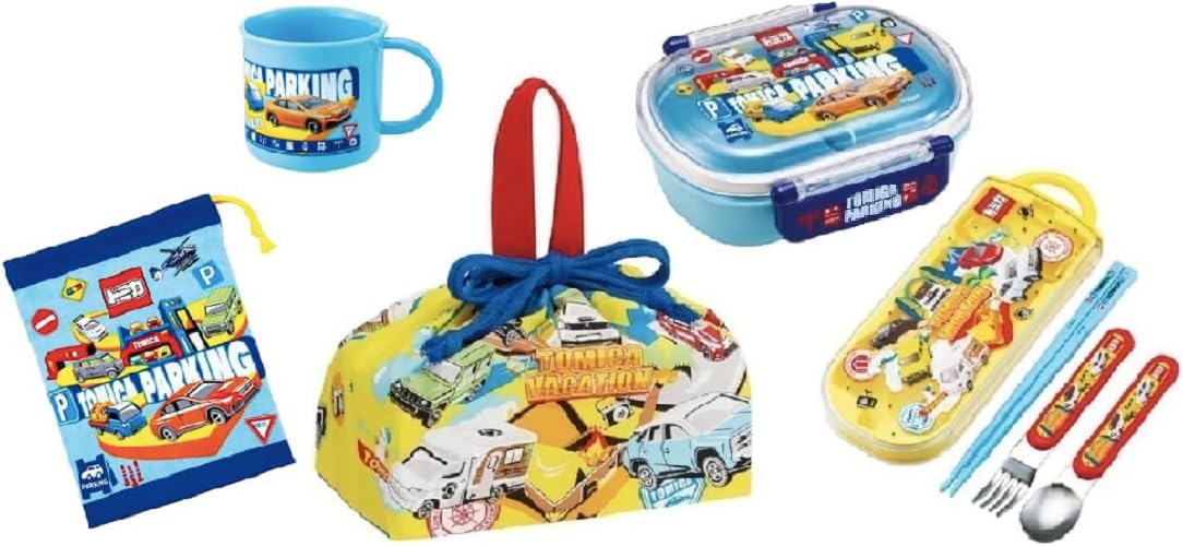 スケーター(Skater) トミカ 24 抗菌 食洗機対応 ふわっとフタタイトランチボックス 小判型 お弁当箱 360ml トリオセット (箸/スプーン/フォーク) コップ コップ袋 ランチ巾着 働く