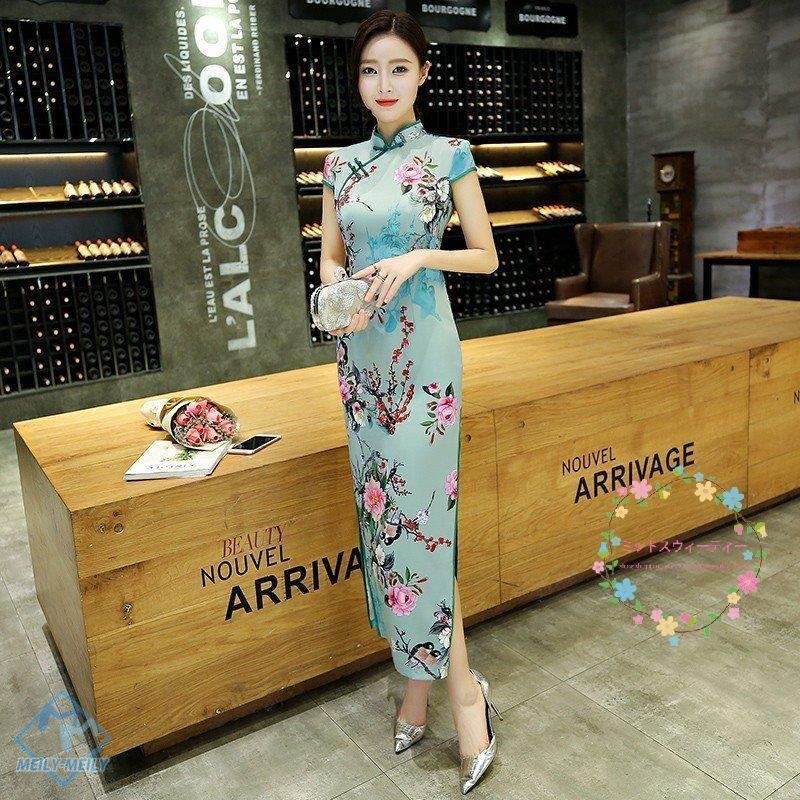 チャイナドレス ロング 半袖 安い 秋冬 結婚式 二次会 ワンピース 演奏会 フォーマル 和風 発表