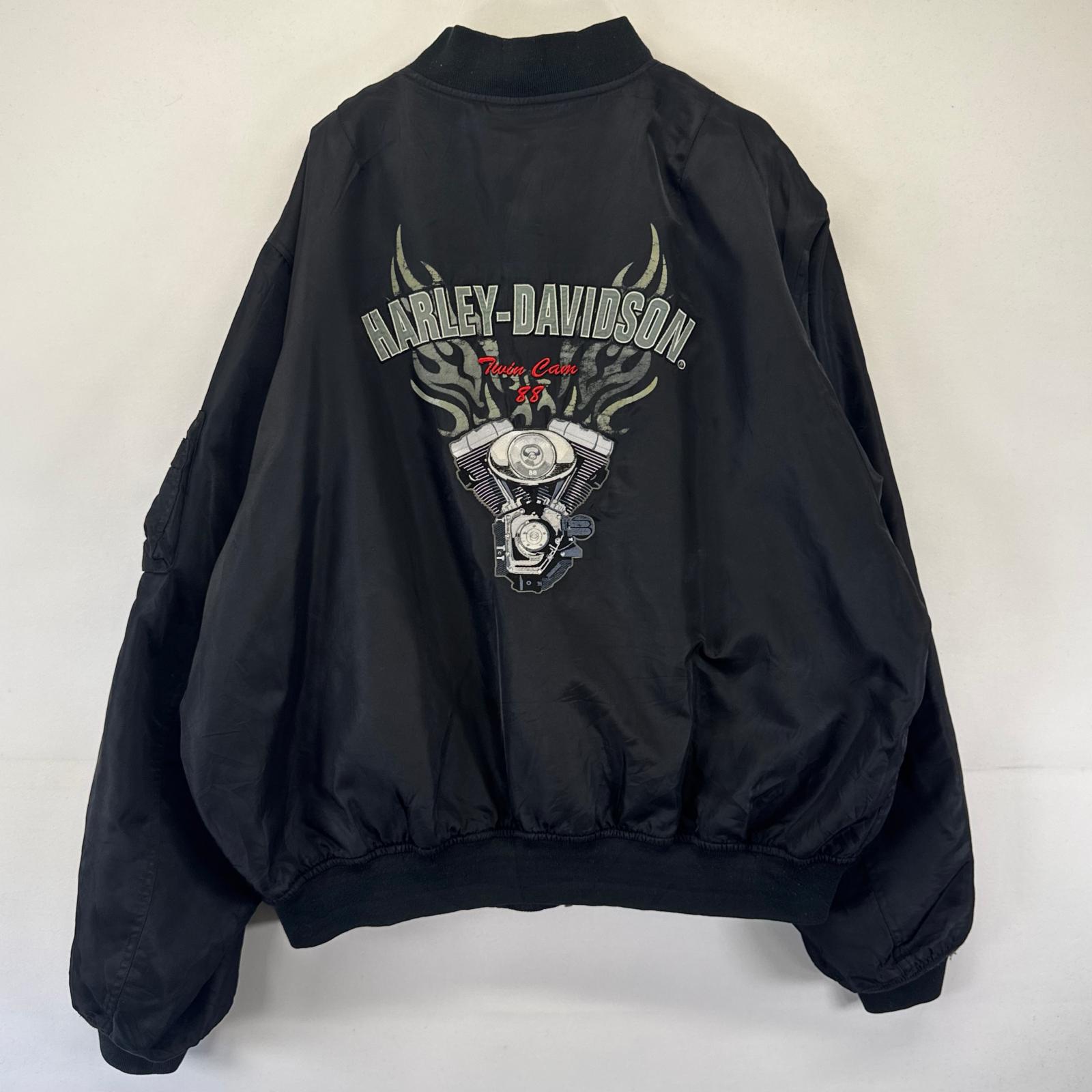 古着 ハーレーダビッドソン Harley-Davidson ジャケット MA-1 フライト ボンバー 中綿 バックロゴ 刺繍 バイカー 2XL ブラック系 メンズ