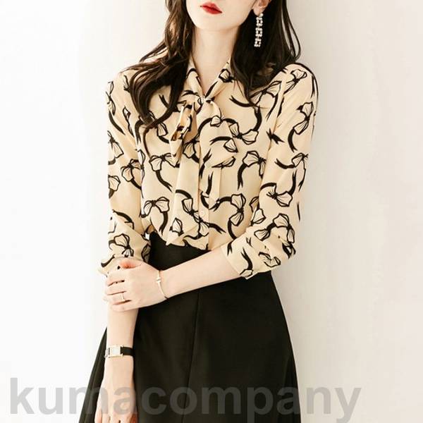 トップス ボウタイ ブラウス シャツ シルク混 リボン プリント エレガント レディース きれいめ カジュアル おしゃれ 長袖 大人 可愛い フェミニン クラシカル かっこいい 通勤 オフィス 体型カ