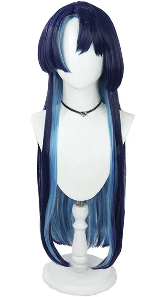コスプレウィッグAfaer展麟finn紺色水色ネット付き長髪耐熱文化祭小物変身仮ステージ服