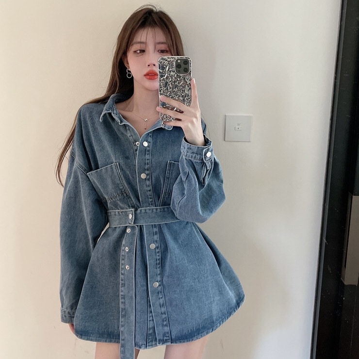 トップス レディース シャツ デニムシャツ ジャケット デニム 長袖 袖あり 襟付き 前開き リボン ウエストリボン ベルト ブルーデニム かわいい 可愛い 大人 大人可愛い 大人女子 おしゃれ