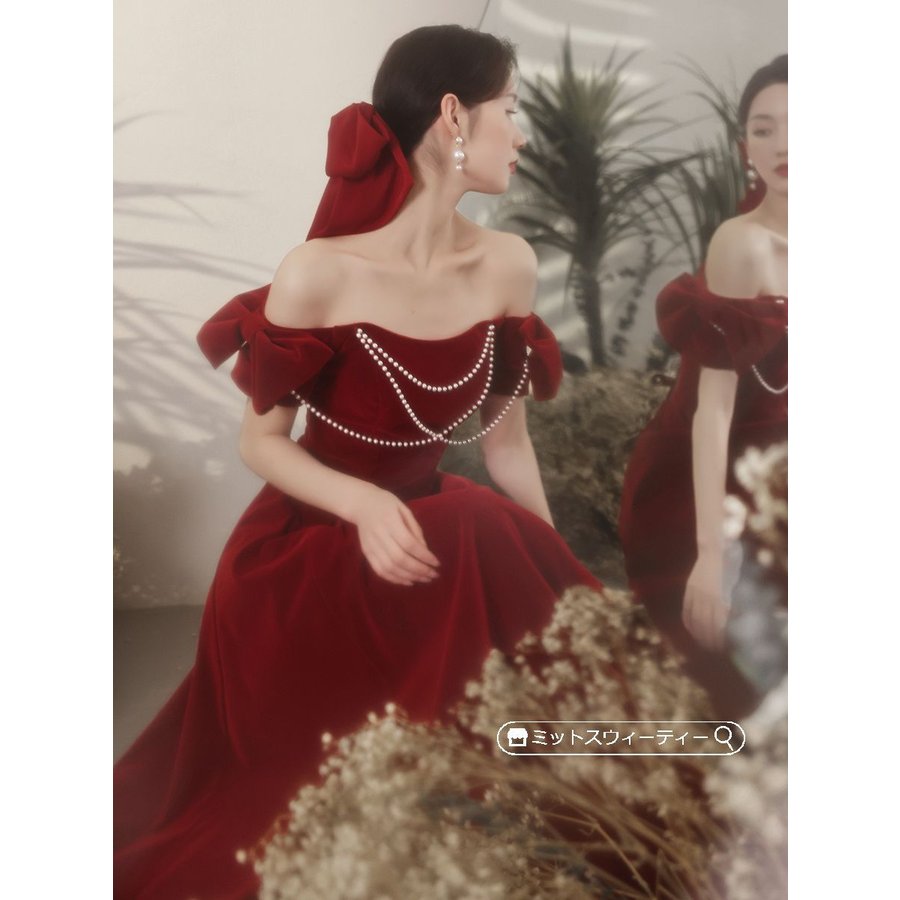 カラードレス ロングドレス 赤 ベルベット 花嫁 二次会 ウェディングドレス 発表会 演奏会 パーテ
