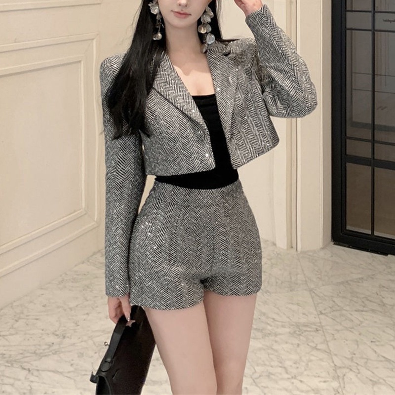 フレンチスタイルの丈夫なレディース春秋ツイードスーツジャケットハイウエストスリムワイドレッグショーツツーピースセット