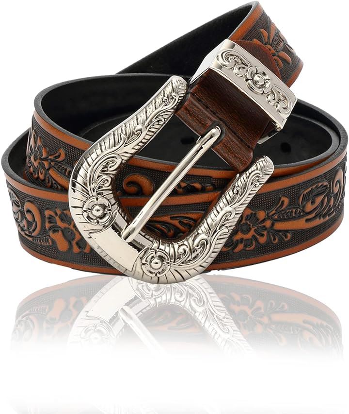 カービング柄 型押し レザー ベルト ウエスタン D型バックル メンズ 牛革ベルト( ブラウン)