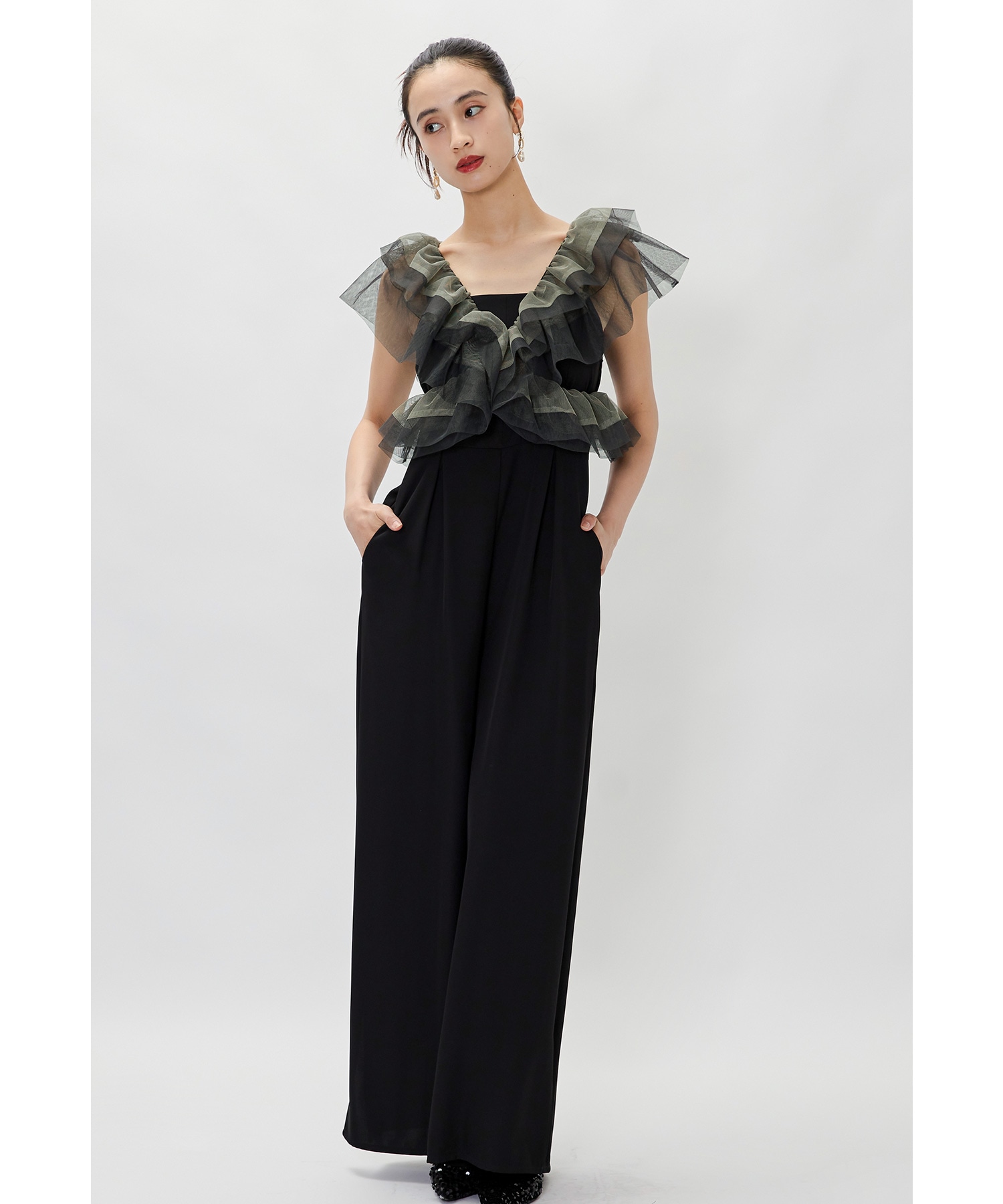 フリルオールインワンパンツ パーティードレス 結婚式 パンツドレス セットアップ 2点セット ビスチェ ボレロ チュール ワイドパンツ お呼ばれ パーティー 二次会 披露宴 謝恩会 成人式 同窓会