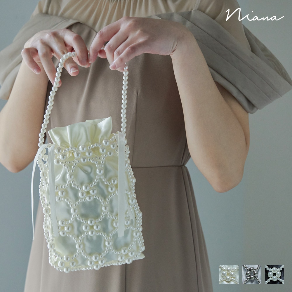 パールビーズバッグ ハンドバッグ ショルダーバッグ サテン 巾着 2way ミニバッグ パーティーバッグ 結婚式 お呼ばれ セレモニー パーティー 二次会 披露宴 謝恩会 成人式 同窓会 入学式