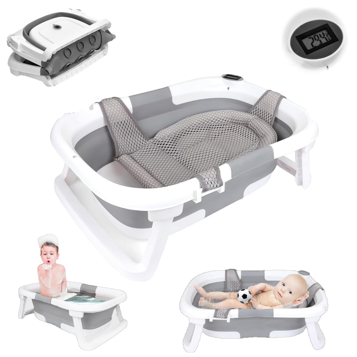 Little Bean ベビーバス 折りたたみ式 湯温計付き 赤ちゃん 子供用風呂 0～6歳 バスネット付き 収納容易 省スペース 赤ちゃんに優しいPP素材 滑り止め設計 お風呂 ベビー用浴槽 (グレ