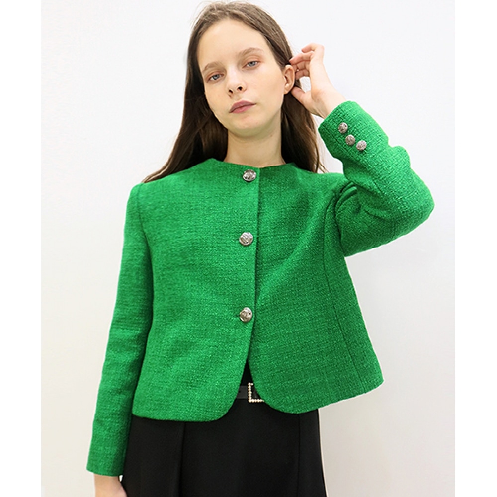 ダメージニーモニックラウンドネックツイードグリーンジャケット_ラウンドネックツイードグリーンJK