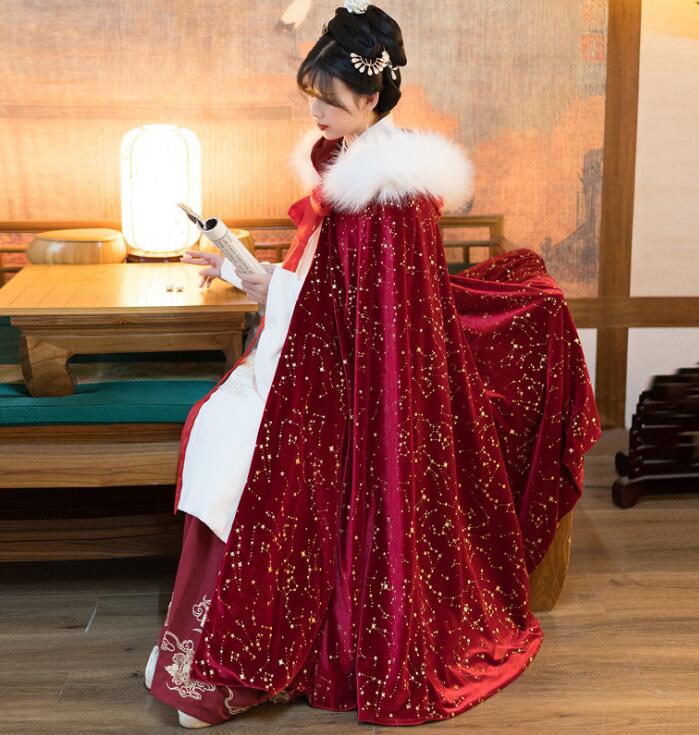 厚手 マント ロング丈 レディース 漢服 星空元素 星 中華服 チャイナ服 古代美人服 コスチューム 秋冬用 裏起毛 マント 演出服 変身仮装 文化祭 学園祭 イベント 撮影衣装 コスプレ 防寒 ファ