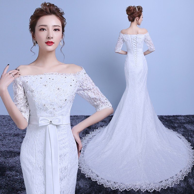 ウェディングドレス マーメイドライン 結婚式 ウエディングドレス 長袖 サッシュリボン 花嫁 披露宴 マーメイドドレス ロング 安い 二次会 イブニングドレス